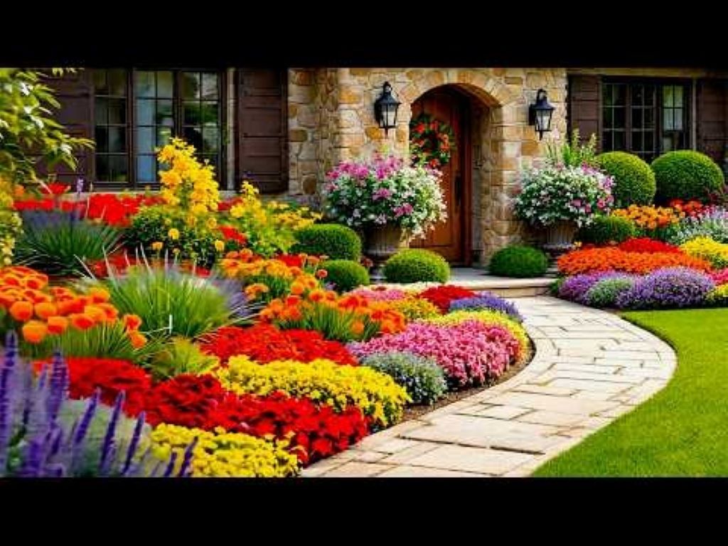 A colorful wildflower front yard with blooming flowers, green grass, and a welcoming pathway, illustrating a beginner-friendly garden design.