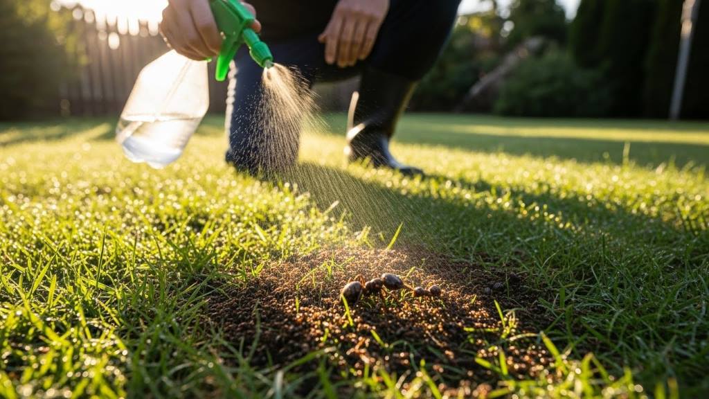 Person applying natural vinegar spray to ant-infested grass area.
