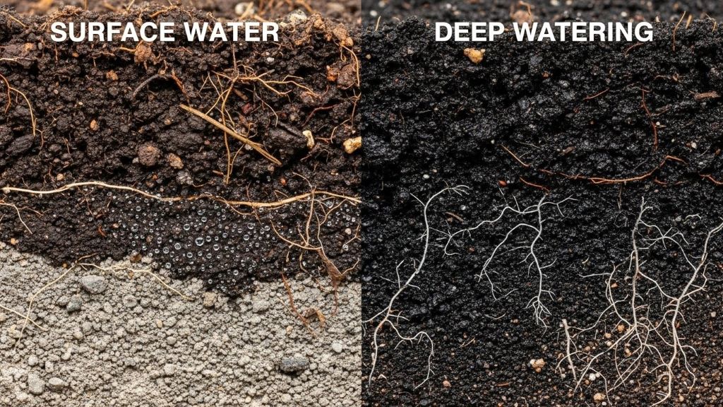 Close-up of moist garden soil layers showing water penetration depth comparison between surface and deep watering
