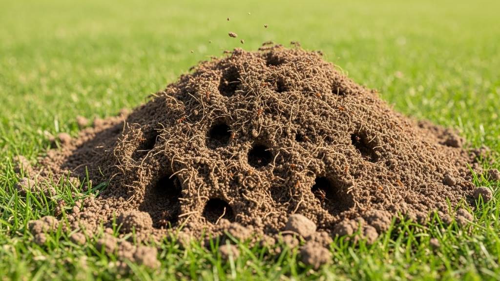 ant hill disrupting green lawn soil with visible tunnels