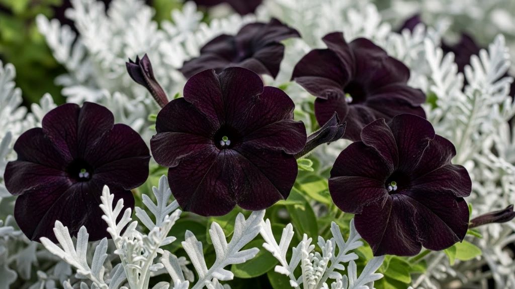 Black velvet petunias in full bloom creating dramatic contrast against silvery foliage plants