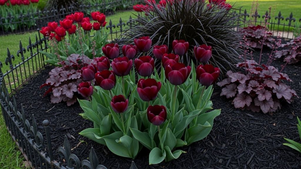 Deep burgundy Queen of the Night tulips growing in gothic garden bed with dark mulch