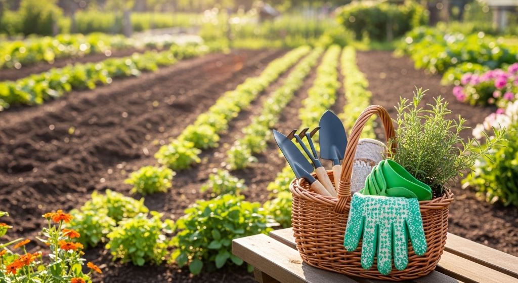 A home garden kit with starter garden tools set arranged neatly in a wicker basket in a sunny backyard garden