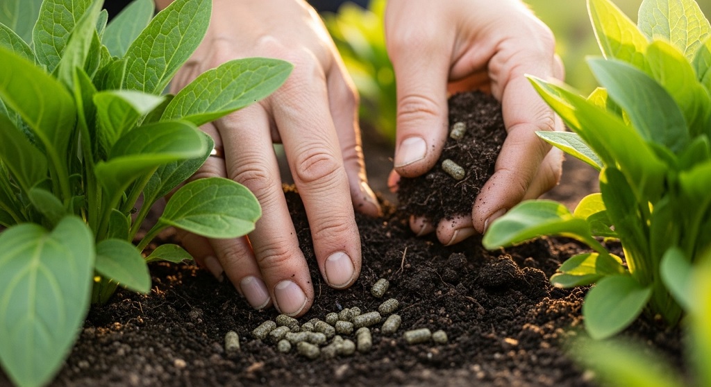 Close-up of adding organic compost to old soil to boost perennial flower growth.