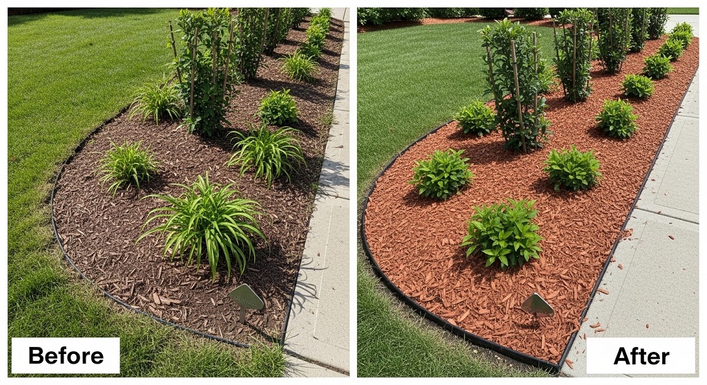 A neatly edged and freshly mulched garden bed showing the results of flower bed restoration