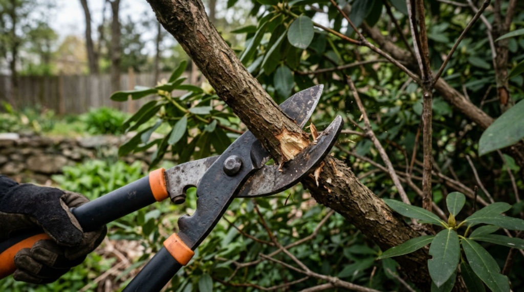 Close-up of high-carbon steel branch cutter blades cutting through a thick shrub stem in a Pennsylvania yard