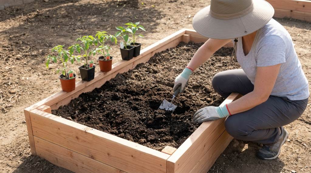 Raised vegetable garden beds with healthy plants in San Diego residential landscape