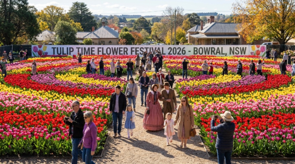 Visitors walking through vibrant tulip displays at the Tulip Time Flower Festival 2026 in Bowral New South Wales
