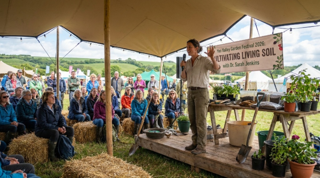 Expert speaker giving a talk on organic gardening and soil health at the Yeo Valley Garden Festival 2026