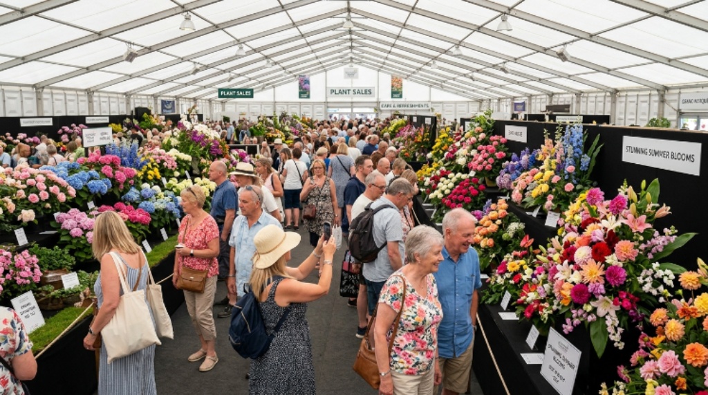 Visitors browsing floral displays inside the Grand Marquee at Southport Flower Show