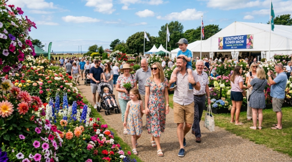 Families enjoying a sunny day out at Southport Flower Show, August 2026