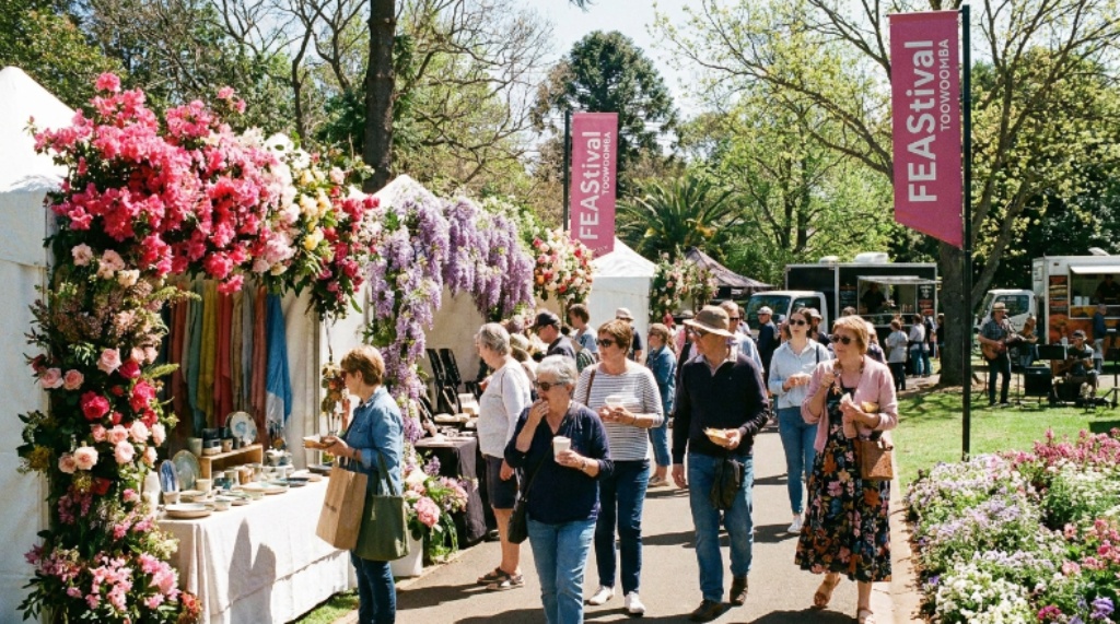 Visitors browsing colourful artisan stalls at FEASTival in Queens Park, Toowoomba, surrounded by floral decorations and spring blooms