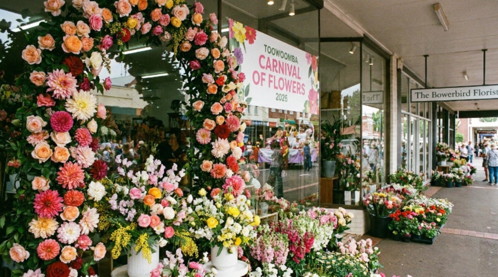 A local Toowoomba florist shop window decorated with roses, dahlias and spring arrangements during the 2026 Carnival of Flowers festival