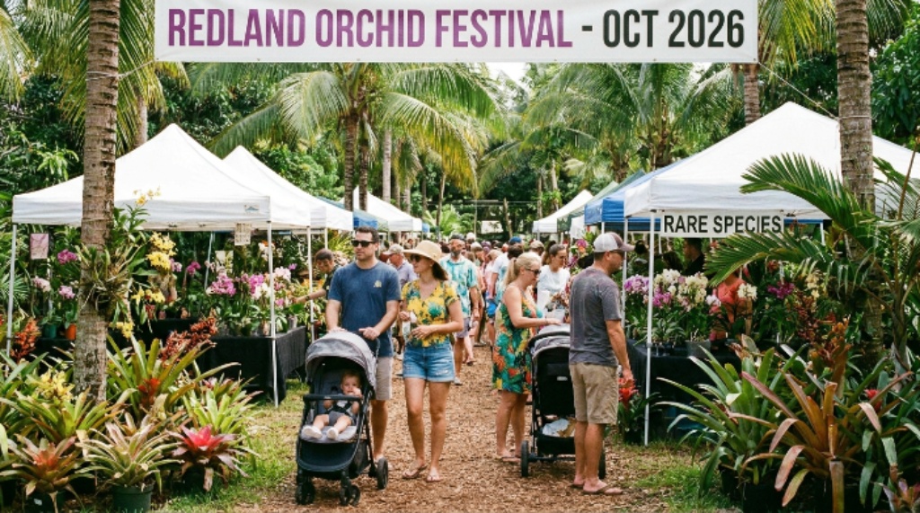 Families and orchid collectors walking among tropical plantings and vendor tents at the open-air Redland Orchid Festival in South Florida in October 2026