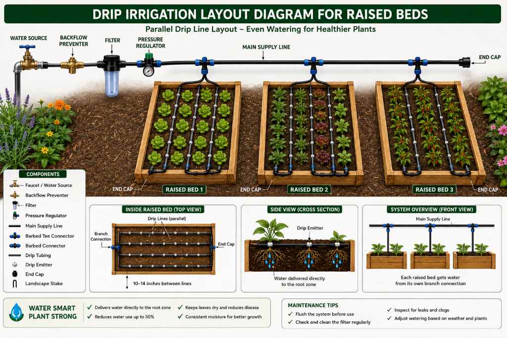 Complete raised bed drip irrigation installation with filter and regulator