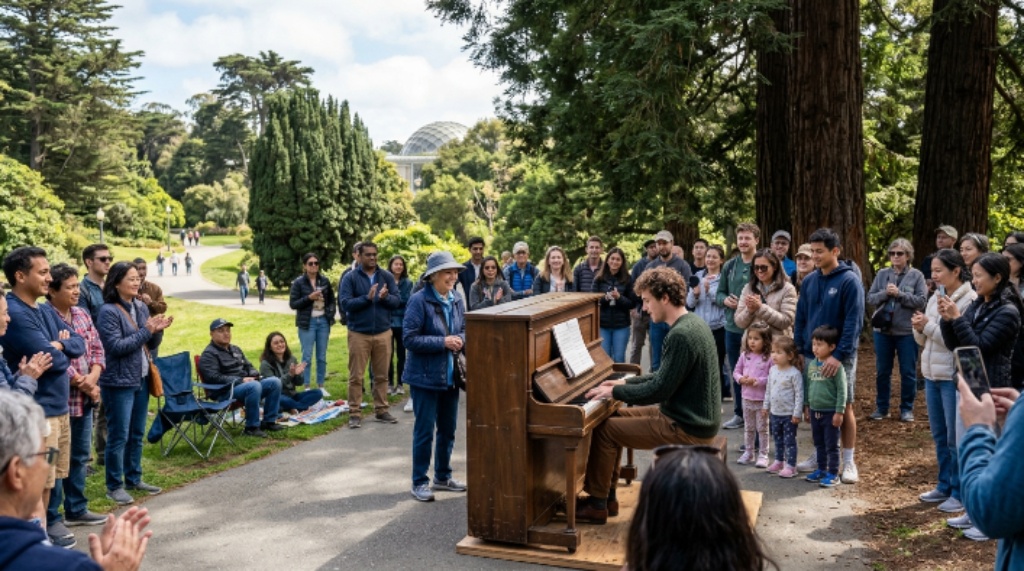 Visitors gathered around an outdoor piano performance at Golden Gate Park