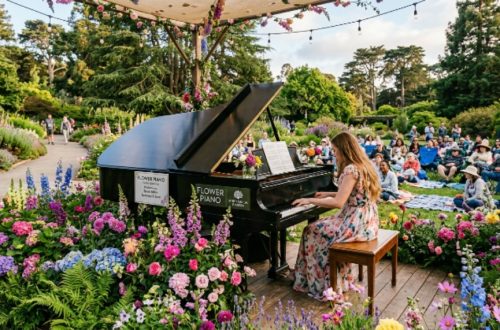 Grand piano set among flowers at San Francisco Botanical Garden during Flower Piano 2026