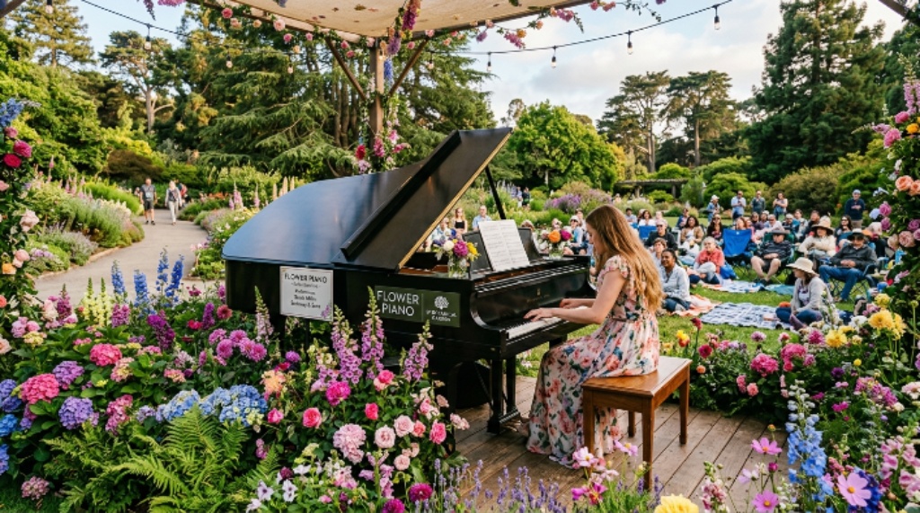 Grand piano set among flowers at San Francisco Botanical Garden during Flower Piano 2026