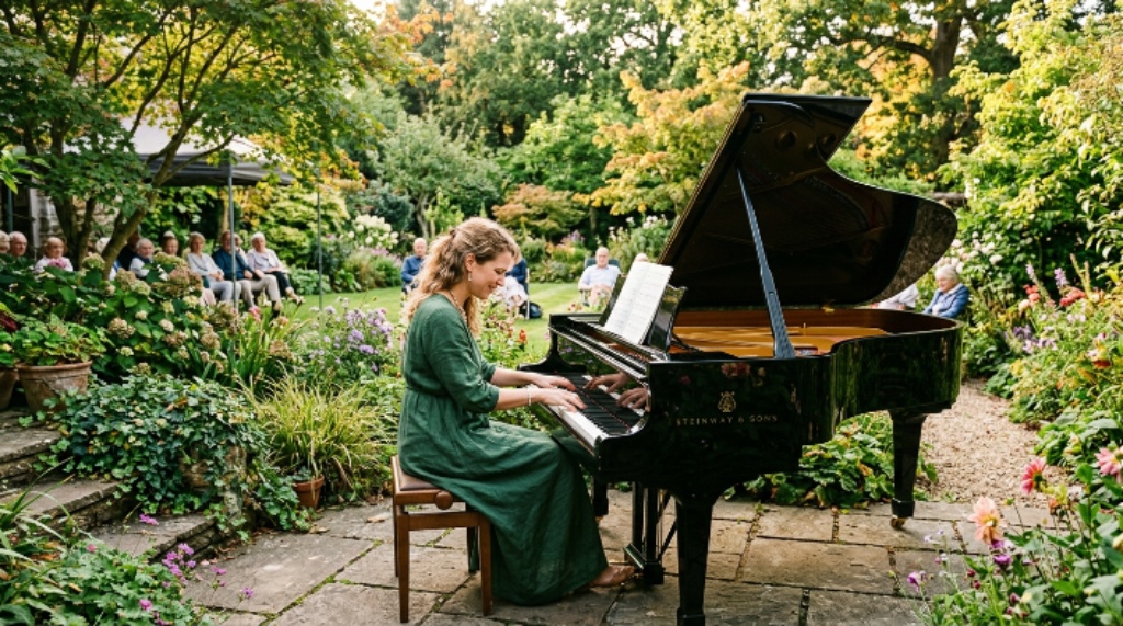 Pianist playing an open-air piano surrounded by garden greenery in September