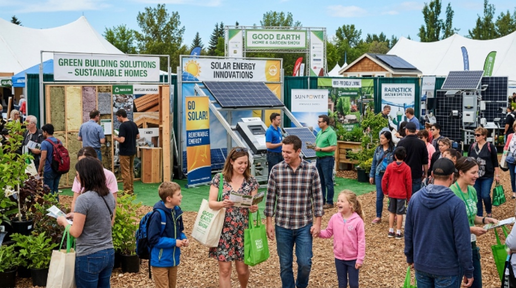 Families attending the Good Earth Home and Garden Show with green building and solar energy exhibitors in the background