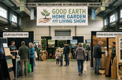 Visitors exploring sustainable exhibitor booths at the Good Earth Home Garden and Living Show inside Lane Events Center Eugene Oregon