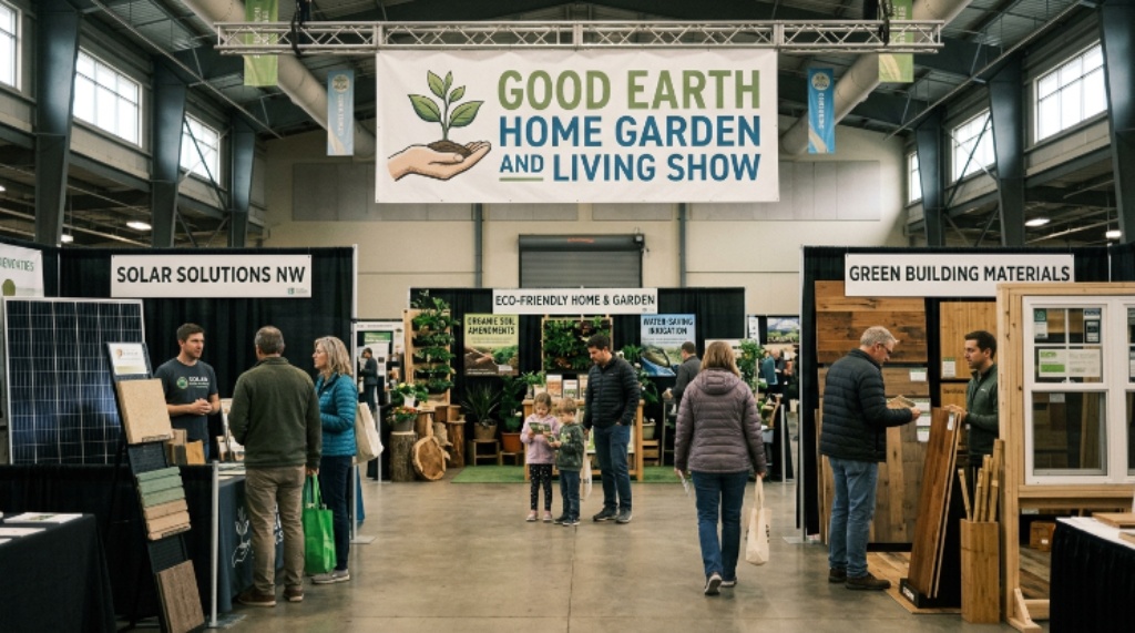 Visitors exploring sustainable exhibitor booths at the Good Earth Home Garden and Living Show inside Lane Events Center Eugene Oregon