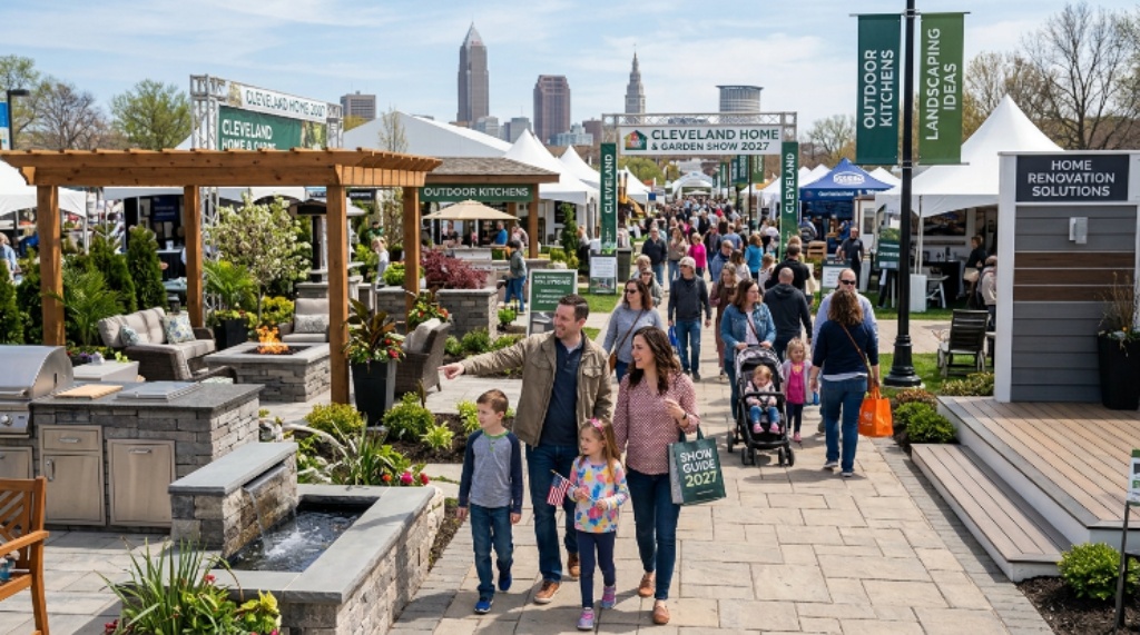 Families walking through home renovation exhibits and outdoor living displays at the Cleveland home and garden show 2027