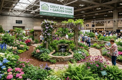 Indoor garden display at the Great Big Home + Garden Show with lush green plants and flowering perennials inside the Huntington Convention Center