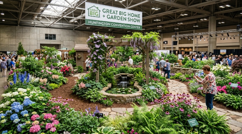 Indoor garden display at the Great Big Home + Garden Show with lush green plants and flowering perennials inside the Huntington Convention Center