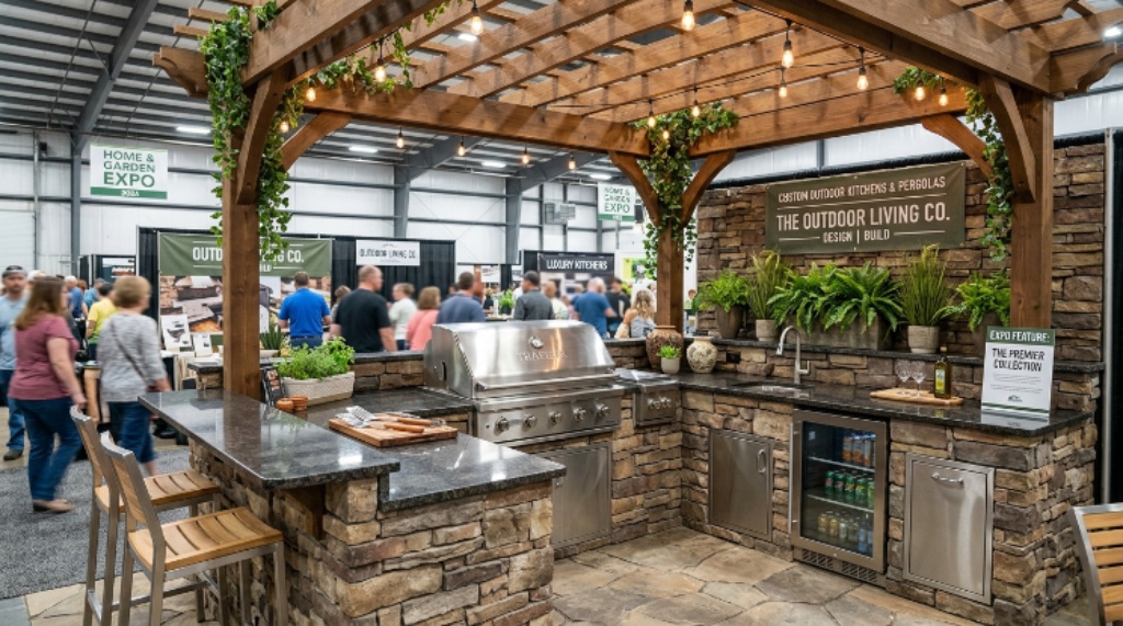 Outdoor kitchen display featuring built-in grill, stone countertops, and pergola at a home and garden expo