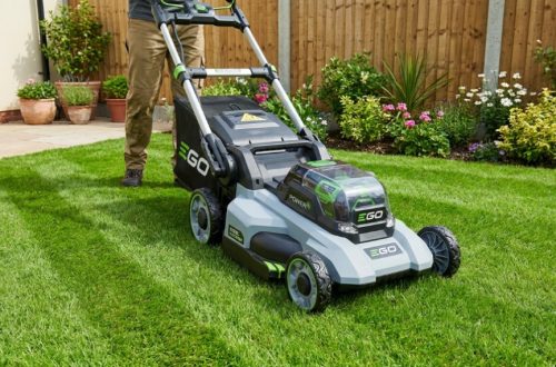 Person mowing a small green backyard with a cordless electric mower.