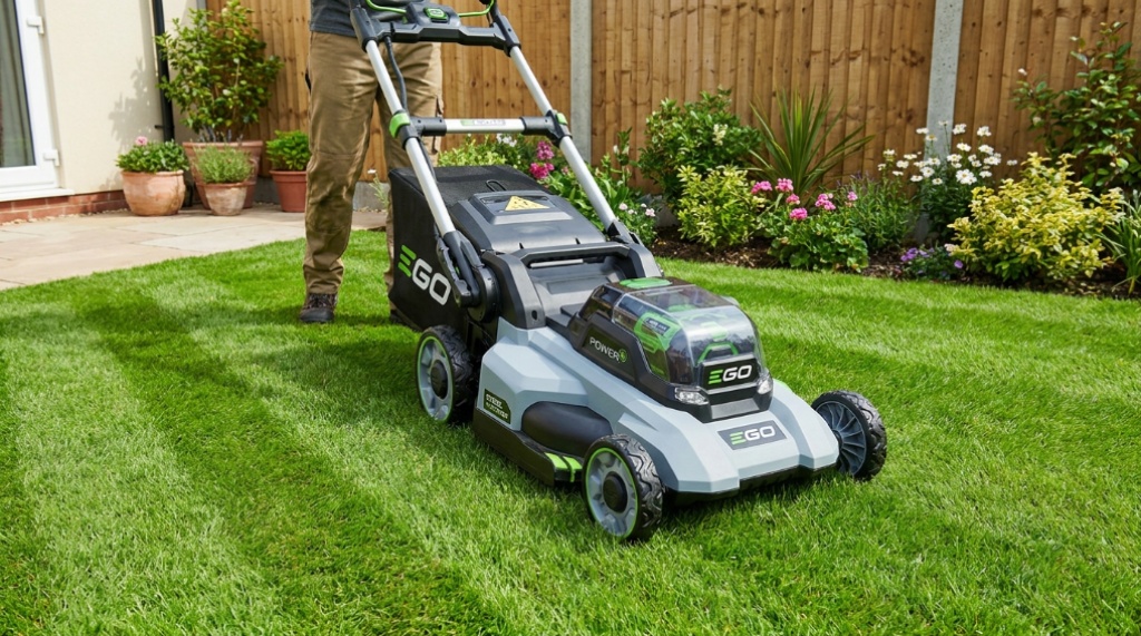 Person mowing a small green backyard with a cordless electric mower.