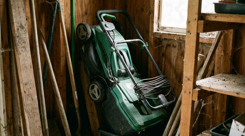 Folded electric lawn mower stored vertically inside a small garden shed.