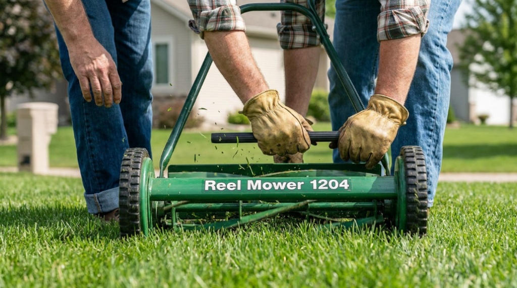 Homeowner pushing a Reel Mower 1204 across a freshly cut green lawn.