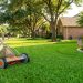 A Reel Mower 1204 resting on a lush green Texas lawn in bright daylight.