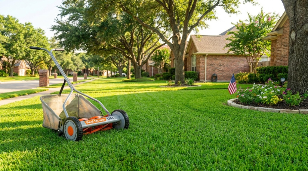 A Reel Mower 1204 resting on a lush green Texas lawn in bright daylight.