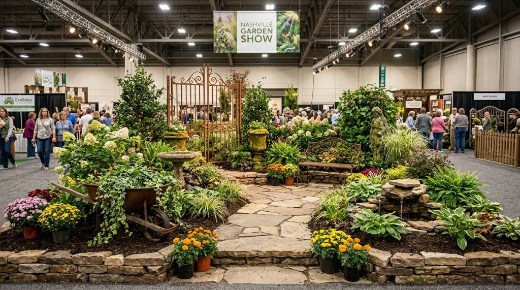A professionally designed garden installation featuring seasonal plants and antique ornaments at the Nashville garden show