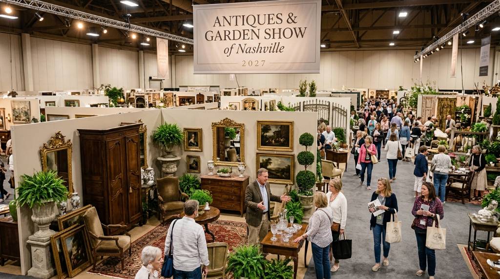Exhibitors displaying antique furniture and decorative pieces at the Antiques & Garden Show of Nashville 2027