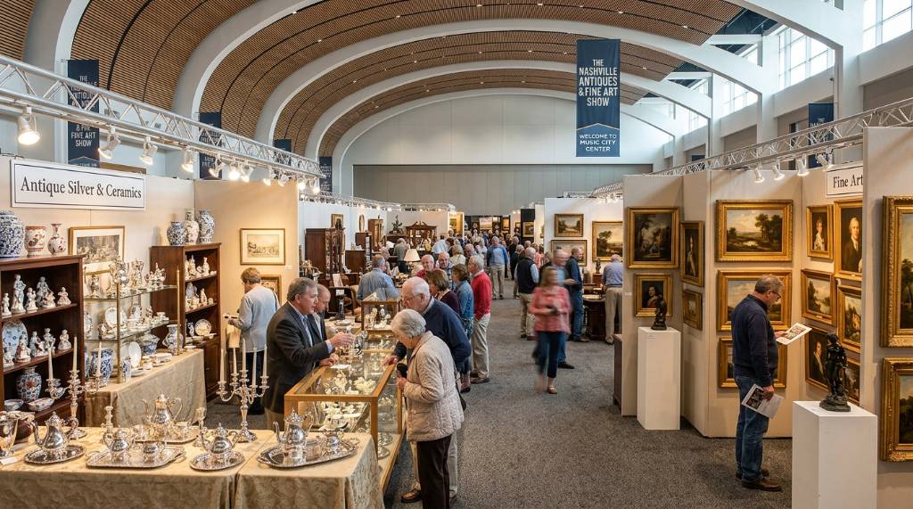Visitors browsing antique silver, ceramics, and fine art at the Music City Center Nashville show floor