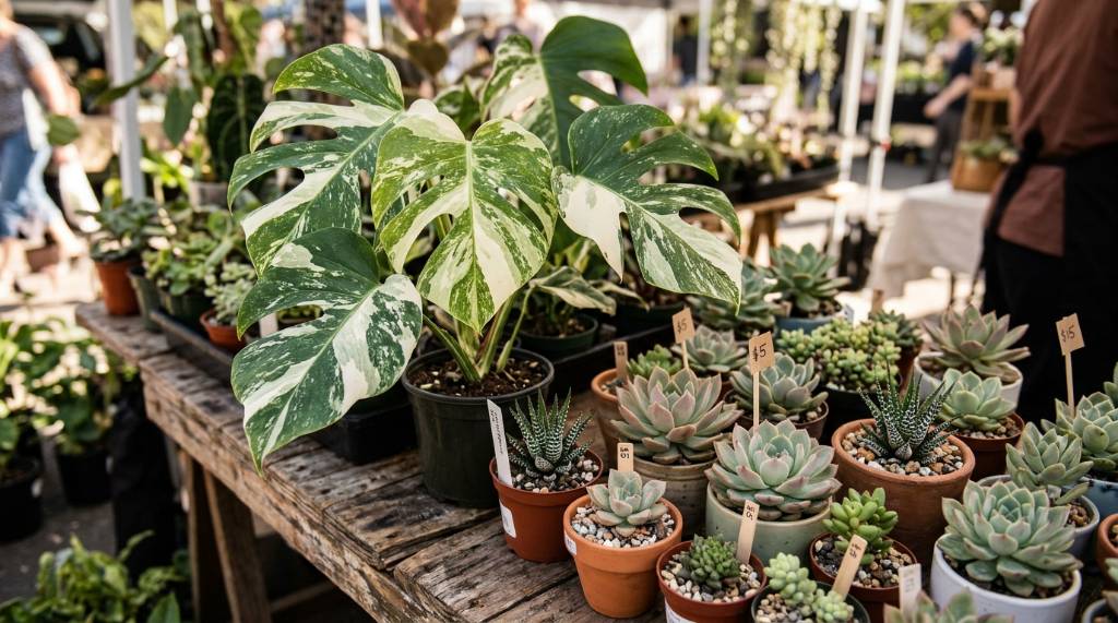 Close-up of a variegated monstera and potted succulents on a vendor table
