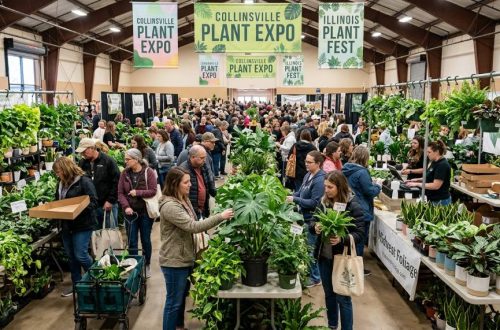 Shoppers browsing tables of leafy houseplants at a plant expo in Collinsville, Illinois