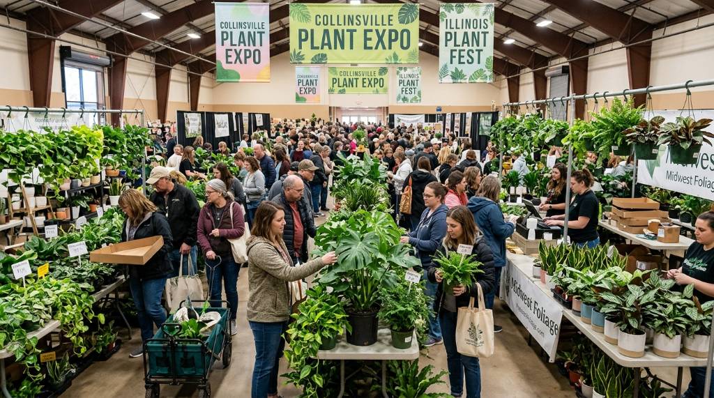 Shoppers browsing tables of leafy houseplants at a plant expo in Collinsville, Illinois