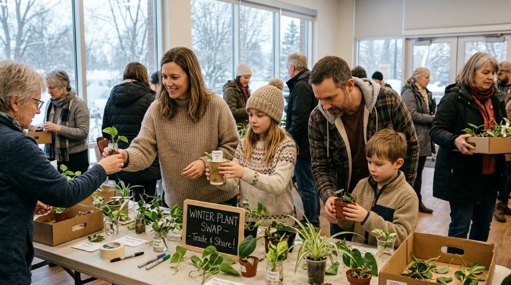 Family at a plant swap table trading small cuttings in winter